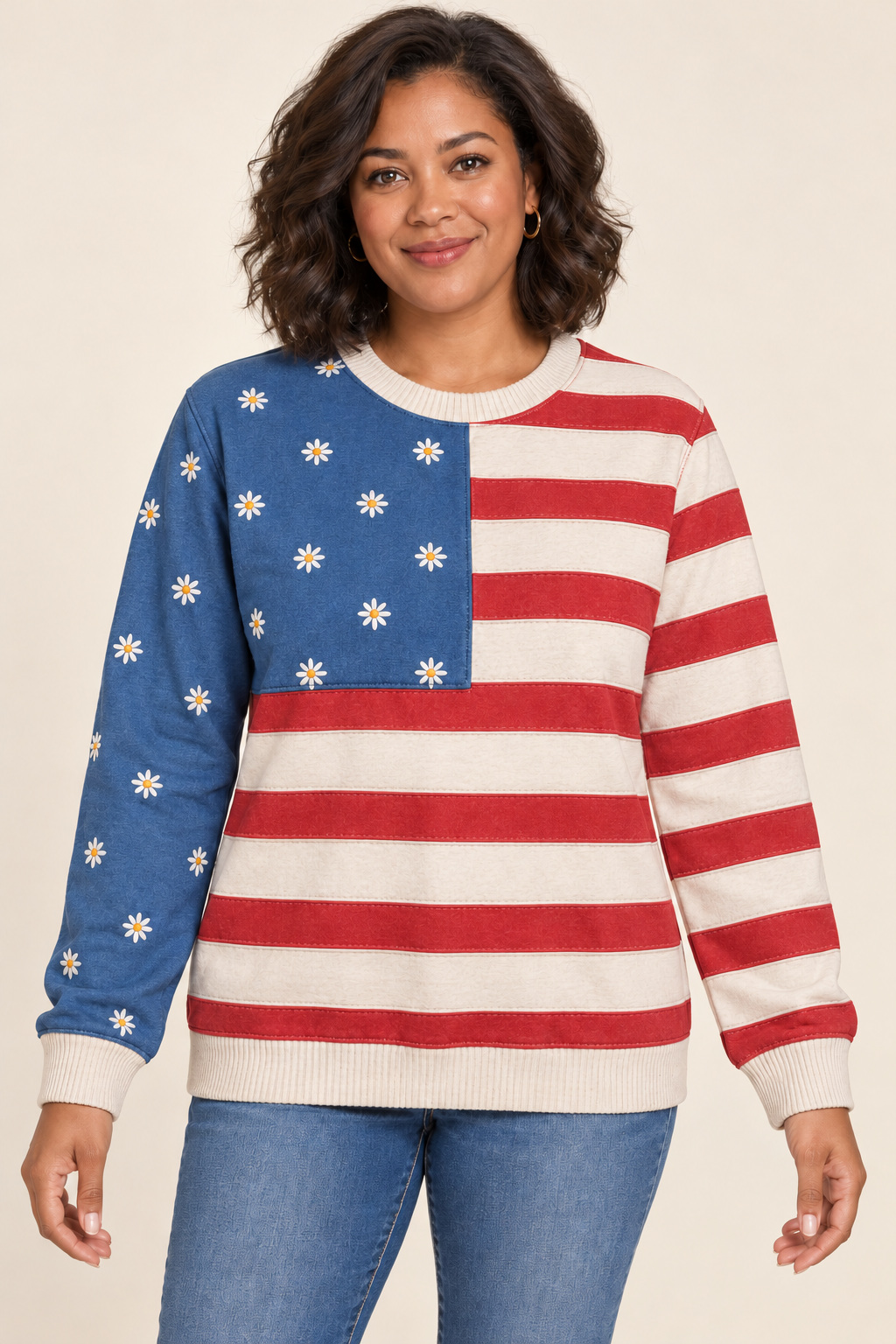 Daisy Flag Colorblock Sweatshirt, Chili / Chambray: front