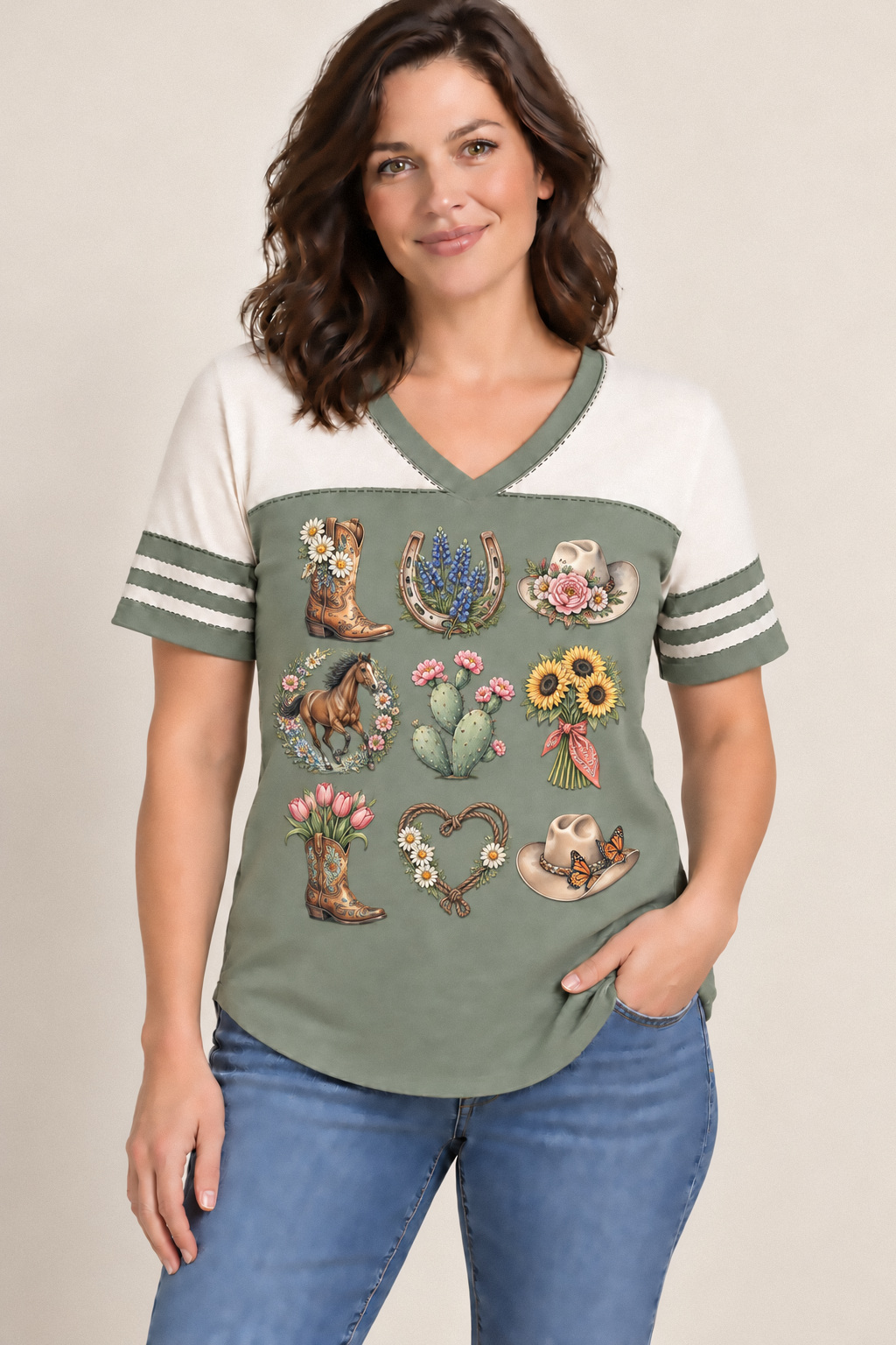 Spring Western Sampler Baseball, Stone green / ivory: front
