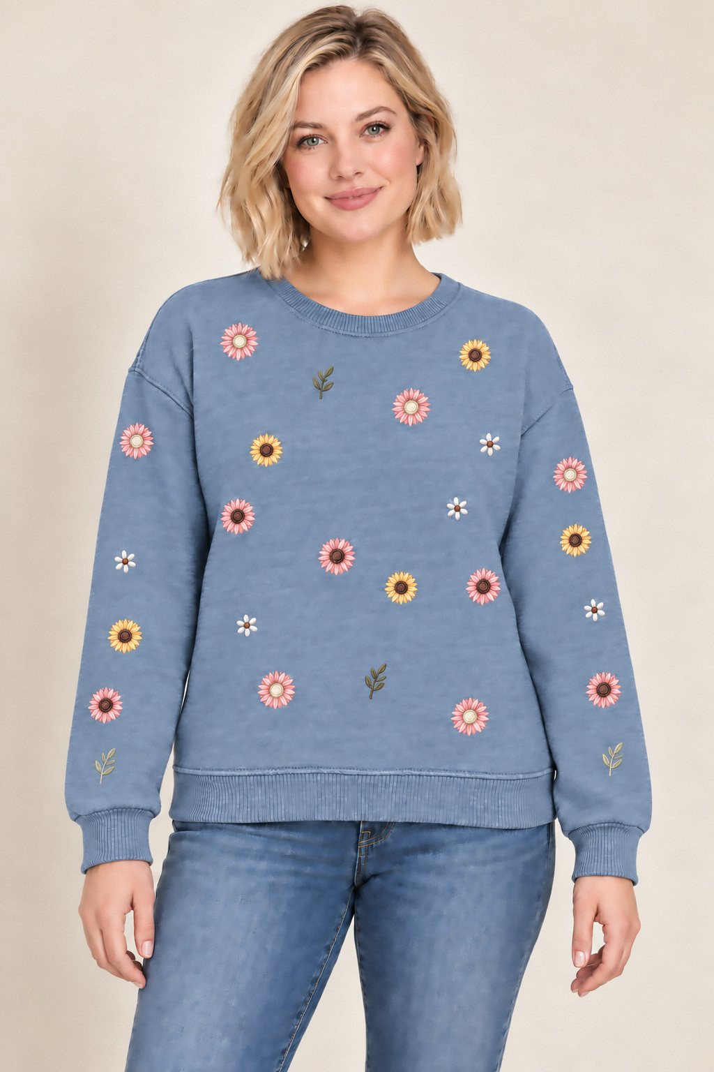Sunflower Scatter Pullover, Dusty blue: front