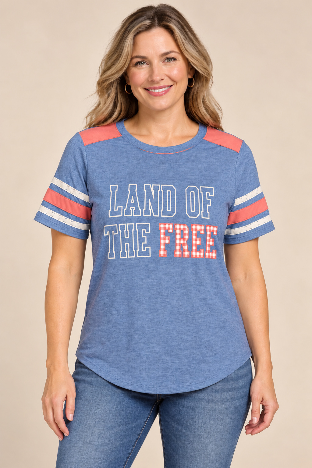 Land of the Free Tee, Chambray / Coral: front