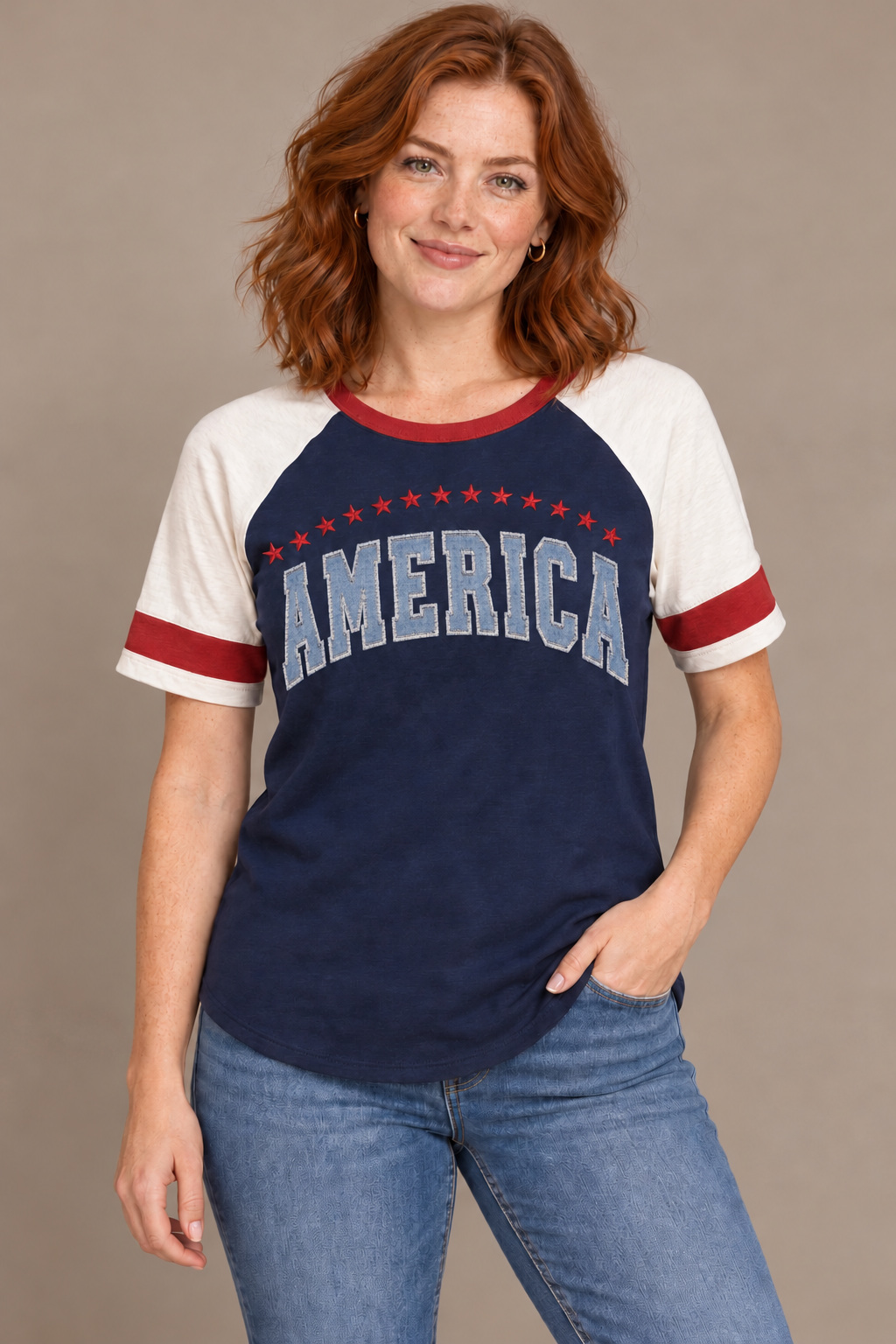 AMERICA Denim Appliqué, Peacoat / Ecru: front